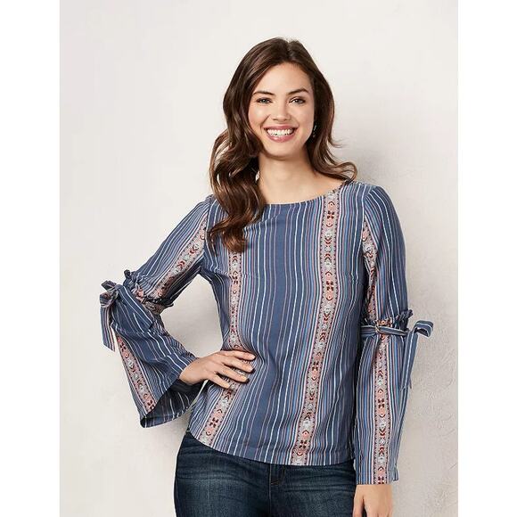 LC Lauren Conrad Tops - LC Lauren Conrad Indigo Sky Striped Printed Bell Long Sleeve Blouse Women Sz M